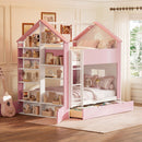 Full Size Bunk Bed with Storage Drawers & Shelves, Modern Two-Tone Wood Bunk Bed with Light Strip, Space-Saving Bedroom Furniture, White+Pink