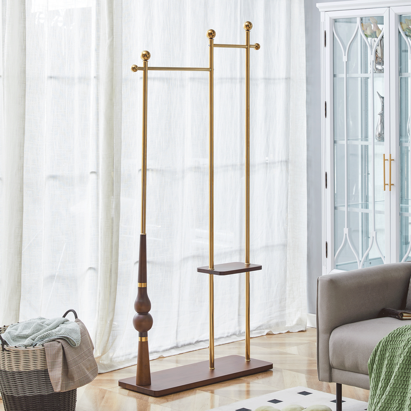 70' Tall Industrial Coat Rack for Entryway, Solid Wood & Stainless Steel Clothing Rack, Double Layer Hanger for Coats, Hats, Bags, Scarves, Shoes Storage, Vintage Wood Grain & Metal, Heavy Duty