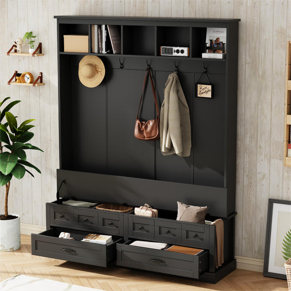 ON-TREND Elegant Wide Hall Tree with 5 Hooks, Versatile Entryway Lift Top Storage Bench with 2 Drawers, Retro Wooden 3-in-1 Coat Rack with Black Handles for Mudroom, Living Room, Black, 59'Wx74'H