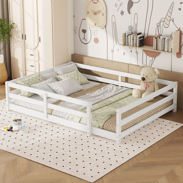 Full Size Floor Bed, Montessori Floor Bed with Fence, Kids Montessori Bed Full Size, Wood Montessori Floor Bed for Kids, Girls, Boys, White.