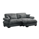 Modern Grey Velvet Two-Seater Sofa with Ottoman and Round Bolster Armrests, L Shape for Living Room