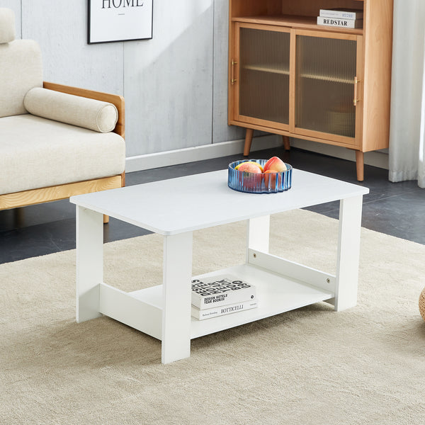 A modern and minimalist white double layered rectangular coffee table and coffee table. MDF material is more durable and suitable for living rooms, bedrooms, and study rooms. 19.6 '*35.4'*16.5 'CT-16