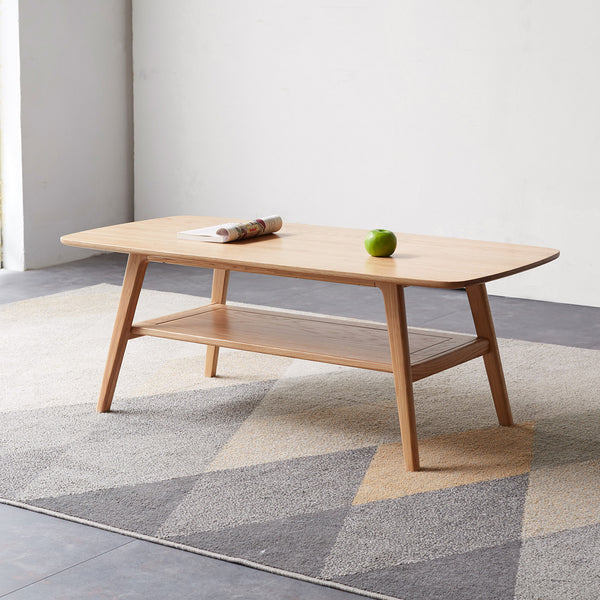 Natural Oak Solid Wood Coffee Table with Storage Shelf, 47.2'' Easy Assembly