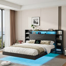 Queen Size Floating Bed Frame with USB Charging Station, Storage Headboard and with Led Light, Heavy Duty Metal Platform Bed Frame, No Box Spring Needed, Black