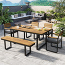 6-Piece Outdoor Dining Set, Acacia Wood, 1 Table with 4 Chairs & 1 Bench for 6-7 Person, Comfortable Cushions on Chairs, Adjustable Feet, for Patio, Garden, Backyard Dining, Gray Cushion