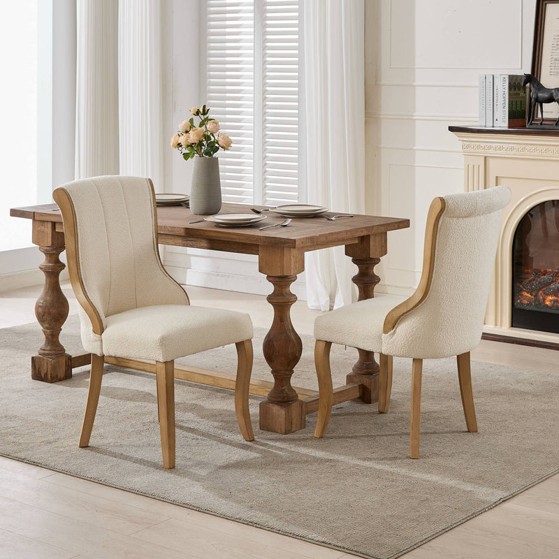 Snow Velvet Dining Chairs, Mid-Century Style with Curved Wood Trim & Sculpted Legs, Upholstered Comfort for Dining/Lounge, Accent Seating with Fluffy Fabric & Sturdy Wood, Set of 2, Beige