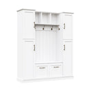 Farmhouse Elegant Hall Tree with 4 Side Cabinets, All-in-One Mudroom Furniture with Adjustable Shelves & Open Cubbies, Beadboard Entryway Bench with Coat Rack & 5 Hooks for Hallway, White