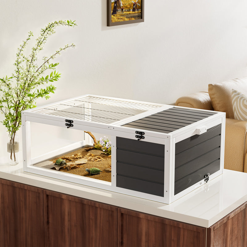 39.5＂Wood Tortoise House Indoor Turtle Habitat Reptile Cage for Small Animals Lizards, Geckos, with 2 Removable Waterproof Tray