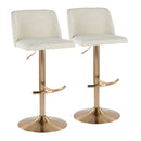 Toriano Contemporary Adjustable Barstool with Swivel in Cream Fabric and Gold Metal with Rounded T Footrest by LumiSource - Set of 2