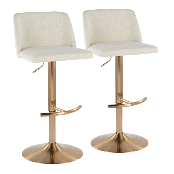 Toriano Contemporary Adjustable Barstool with Swivel in Cream Fabric and Gold Metal with Rounded T Footrest by LumiSource - Set of 2