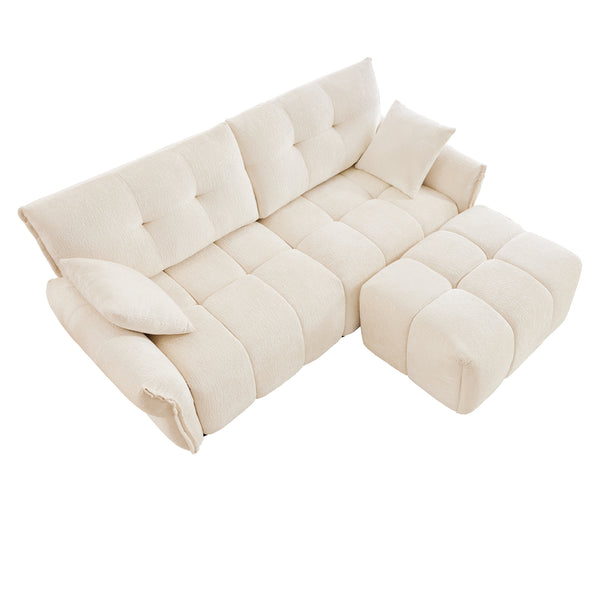 Modern Chenille Fabric 2-Seater Sofa with Ottoman - Minimalist Design - White