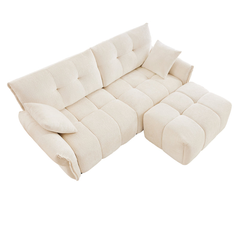 Modern Chenille Fabric 2-Seater Sofa with Ottoman - Minimalist Design - White