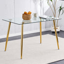 Modern Minimalist Rectangular Glass Dining Table for 4-6 with 0.31' Tempered Glass Tabletop and Golden plating Metal Legs, Writing Table Desk, for Kitchen Dining Living Room, 51' *31'*30'