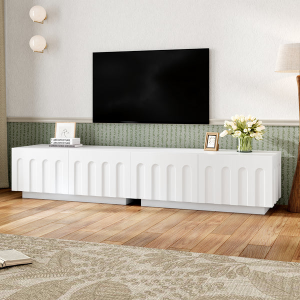 ON-TREND Elegant TV Stand with Arched Design for TVs Up to 80', Modern Dual Purpose Coffee Table with 4 Drawers, Multi-Functional Organizer Cabinet with Storage for Living Room, Bedroom, White