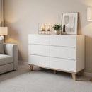 6 Drawer White Dresser, Handle-Free Modern Storage Chest with Solid Natural Wood Legs, Minimalist Drawer Cabinet for Bedroom Living Room, Simple to Instal
