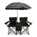 Portable Folding Picnic Chair Set with Umbrella, 2-Person Outdoor Camping Chairs  Cup Holders, Foldable Beach Chair Set for Patio, Camping, Backyard, Black