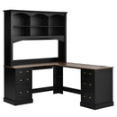 Space-Saving L-Shaped Computer Desk with Keyboard Tray & Charging Stations, Farmhouse Walnut Corner Desk with Arched Hutch, All-in-One Home Office Desk with File Drawers for Study, Office, Black