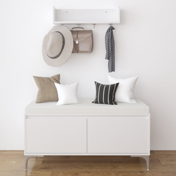 Wall-Mounted Entryway Shelf with Hooks and Storage Bench Set, Modern White Shoe Cabinet with Cushion and Closed Storage for Hallway, Bedroom, or Mudroom