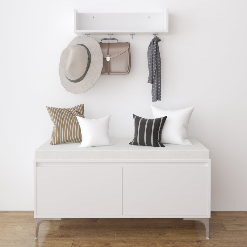 Wall-Mounted Entryway Shelf with Hooks and Storage Bench Set, Modern White Shoe Cabinet with Cushion and Closed Storage for Hallway, Bedroom, or Mudroom