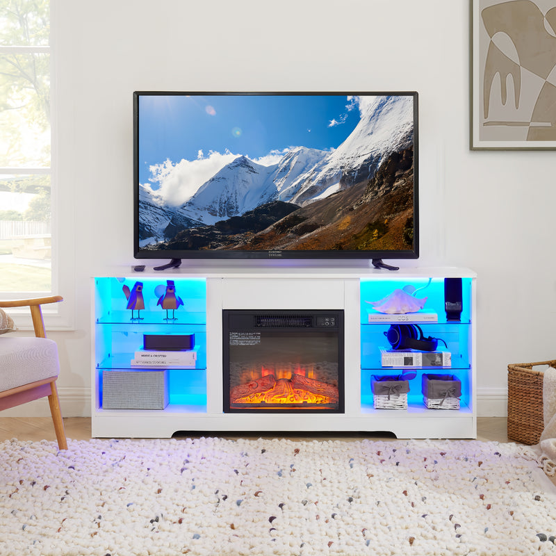 TV Stand Electric Fireplace TV Stand with Glass Shelves, 3D Fireplace TV Stand with LED Lights Wood with USB Charging Outlet Modern Television Table Center for TV up to 32-62' White 58''W*15.4''D*24.4