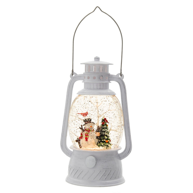 4.7x4.7x8.3'H Christmas Plastic/Resin White Lantern With Snowman & Tree Led/Water Spinning/6 Hours Timer, 3*AA Batteries Required