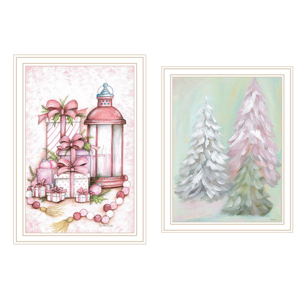 Trendy Decor 4U 2- Piece Vignette Pink Candy Land Christmas Trees White Framed Wall Art for Living Room, Bedroom Wall Art Print for Home Decor by Mary June