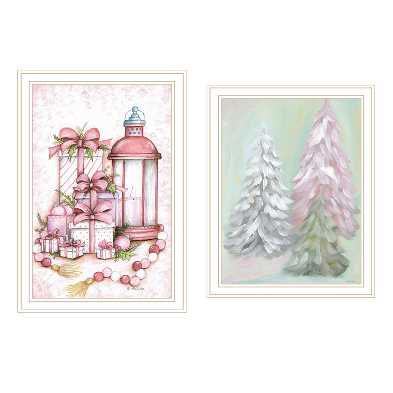 Trendy Decor 4U 2- Piece Vignette Pink Candy Land Christmas Trees White Framed Wall Art for Living Room, Bedroom Wall Art Print for Home Decor by Mary June