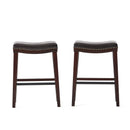 Elegant Saddle Stool with Curved Seat Comfort in Brown Polyurethane Leather and Rubberwood Frame