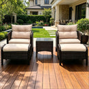 5 Pieces Rattan Wicker Lounge Chair Outdoor Patio Conversation Set with 2 Cushioned Chairs, 2 Ottomans and Tempered Glass Top Coffee Table