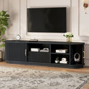 Vintage Rustic TV Stand with Sliding Wood Slatted Doors for TVs up to 75', Farmhouse Fluted TV Cabinet with Drawer, Wood Grain Media Console with Cable Management for Living Room, Bedroom, Black