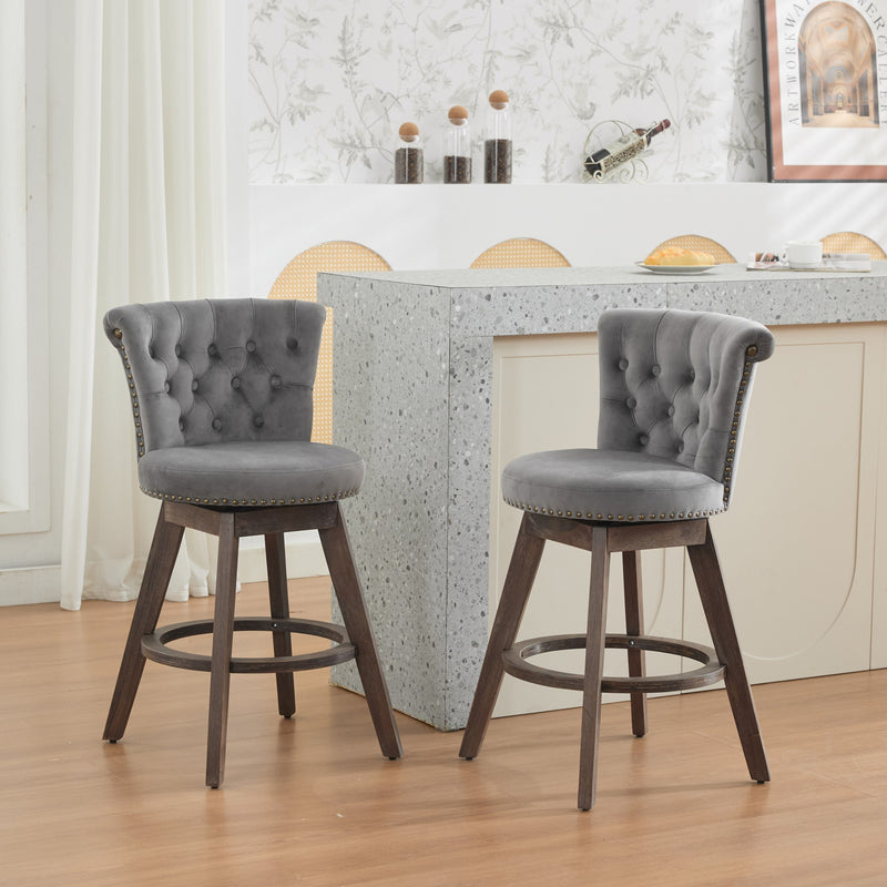 26' Counter Height Bar Stools Set of 2, 360° Swivel Stools with Back & Hand - Tufted Button - Trimmed Edges, Upholstered Velvet Kitchen Counter Stools on Wood Legs,Gray,SW1868GY