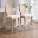 French Country 26'' Height Bar Chairs Set of 2, Upholstered Chairs with Rattan Round Back, Wire drawing and carving techniques, for Living Room, Kitchen, Restaurant Use, Beige