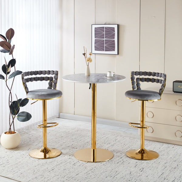 Modern Gold Bar Table Set with 2 Adjustable Bar Stools, Round Marble-Patterned Pub Table for Home Bar & Kitchen