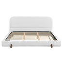 Elegant White Fabric Upholstered Bed Frame with Brown Rubber Wood Legs, California King Size