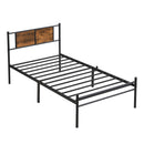 Twin XL Metal Bed Frame with Wood Panel Headboard, Black and Brown, Steel Construction