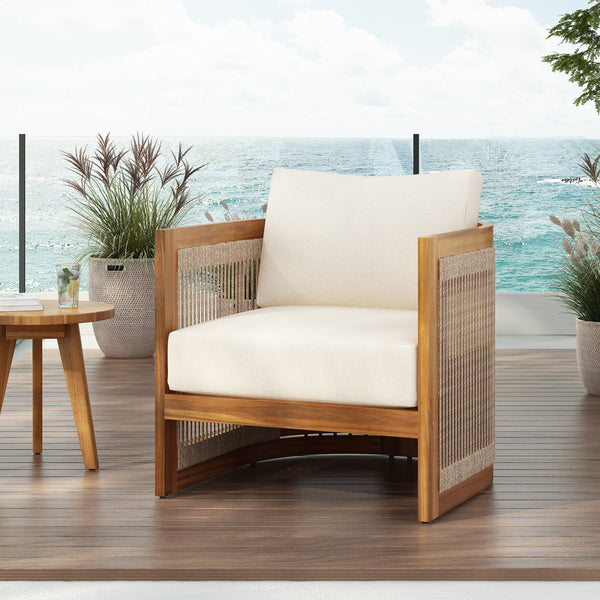 Premium Acacia Wood Outdoor Club Chair, Curved Tub Design with Woven Rope Accents, Water-Resistant Cushions, All-Weather Slat Construction