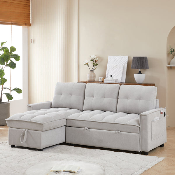 MH 78.75' Reclining Sofa, Pull-Out Sofa Bed with USB and tape-c charging ports, L-Shaped Sectional Sofa with Reclining Storage and Arm Side Organizer Pocket Features, Living Room Comfort Sofa