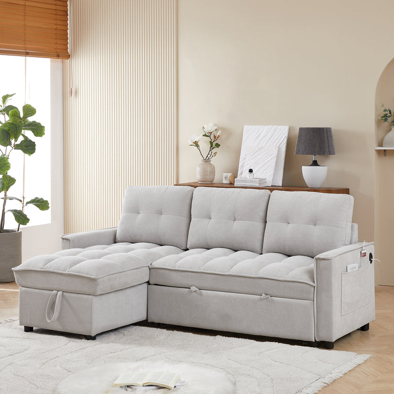 MH 78.75' Reclining Sofa, Pull-Out Sofa Bed with USB and tape-c charging ports, L-Shaped Sectional Sofa with Reclining Storage and Arm Side Organizer Pocket Features, Living Room Comfort Sofa