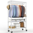 Heavy Duty Rolling Garment Rack 3 Tiers Adjustable Wire Shelving Clothes Rack with Rods and Side Hooks,Storage Closet Clothing Rack with Wheels White 15.7' D x 29.5' W x 74.5' H
