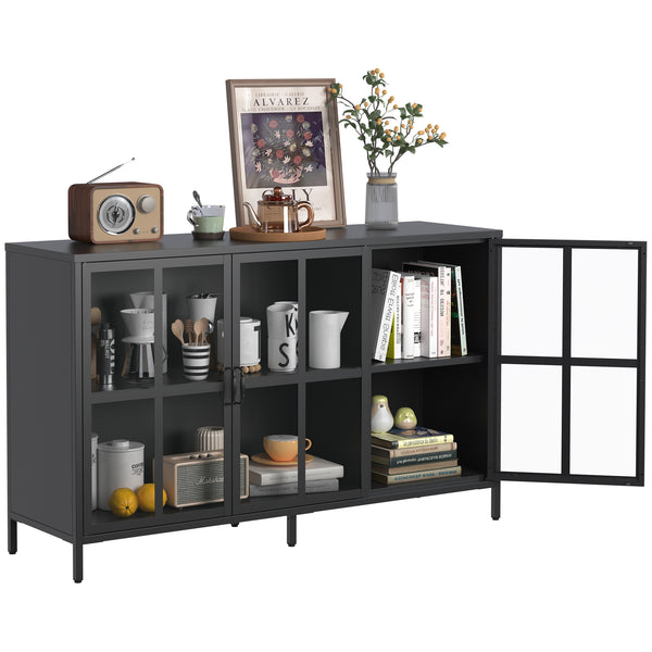 Modern Heavy Duty Metal Sideboard Buffet Cabinet with Storage, Adjustable Feet, Glass Doors, Black Steel, 55.12'
