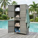 K&K 76.4' Tall Wicker Outdoor Storage Cabinet with One Large Drawer, 4-Door Outdoor Rattan Vertical Storage Shed with Adjustable Shelves, Pool Storage Organizer for Garden, Backyard, Grey