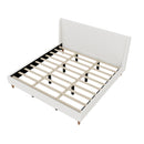 Modern White Boucle Upholstered Platform Bed with Wingback Headboard and Walnut Wooden Legs, King Size, No Box Spring Needed