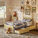 Twin Bed Frame for Kids, Montessori Bed with 2 Storage Drawers, Wood House Shape Twin Bed with Headboard, No Box Spring Needed, Easy Assemble, Natural