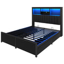 King Bed Frame with High Storage Headboard, Bed Frame with LED light and Charging Station , 4 Storage Drawers , No Box Spring Needed/Noise Free/All-Metal Support, Black