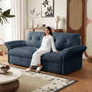 This is a multi-functional sofa with a 81.5-inch convertible sofa bed It is in a two-in-one design,suitable for both sitting and lying It is made of plush fabric and is suitable for both living rooms