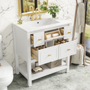 30'' Bathroom Vanity with Ceramic Sink Combo, Free Standing Single Vanity Set with 5 Drawers, Solid Wood Frame Bathroom Storage Cabinet, White