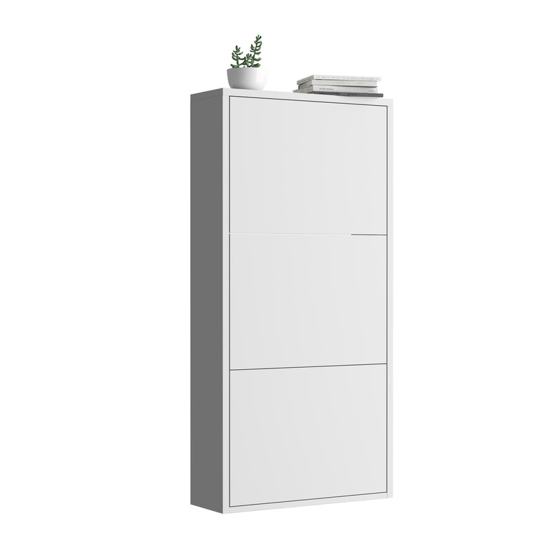 Modern Metal Shoe Storage Cabinet with 3 Flip Drawers, White, 41' Height, Wall-Mount Option