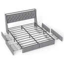 Grey Upholstered Queen Size Platform Bed Frame with RGB LED Lights, Charging Station, Storage Headboard & 4 Underbed Drawers, Metal Frame, Noise-Free, No Box Spring Needed