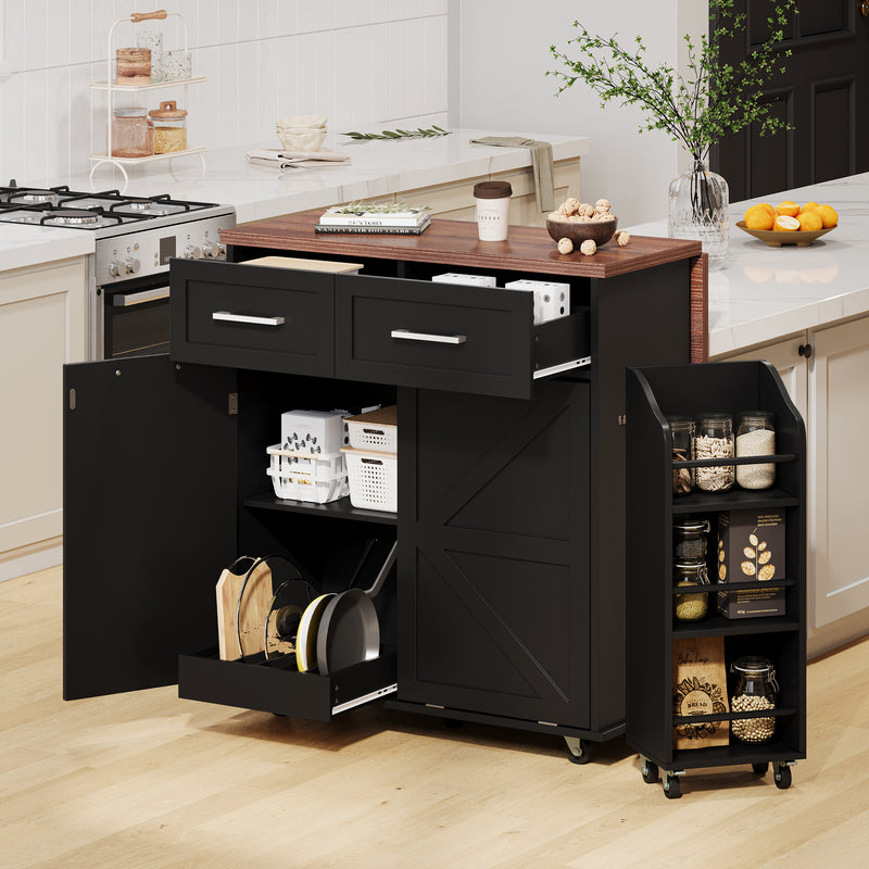 K&K 47.2' Farmhouse Kitchen Island with Drop Leaf, Kitchen Storage Island with Removable Side Racks, Two Drawers, Rolling Kitchen Cart on Wheels with Towel Rack, for Home, Kitchen, Dining Room, Black