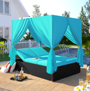U_STYLE Outdoor Double Chaise Lounge Daybed with Curtains,Patio Outdoor Sunbed with Adjustable Backrest, Sturdy Steel Frame Loveseat Sofa for Backyard,Poolside, Terrace